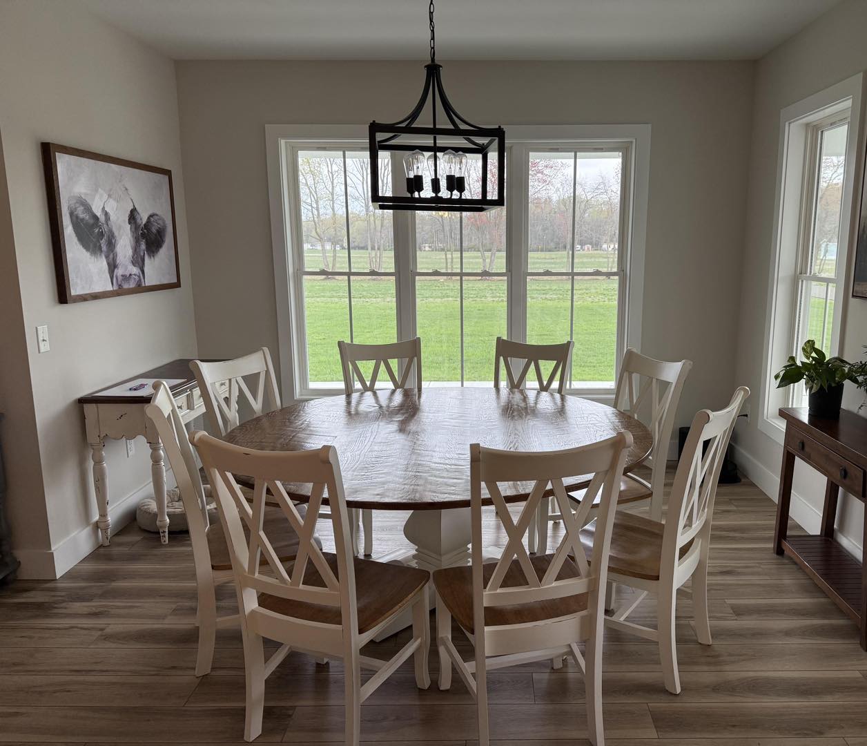 72” Round Reclaimed White Oak Dining Set – Provincial Top and Distressed Off White Pedestal