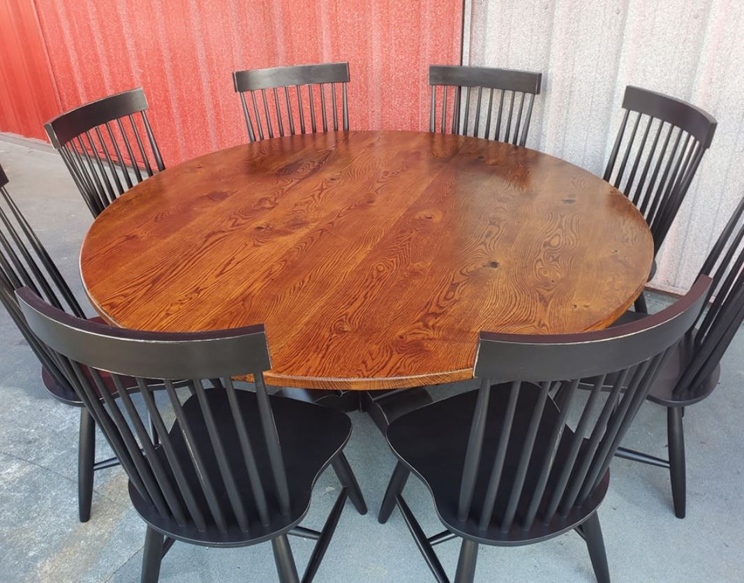 72” Round Square Pedestal Table – 5/4 White Oak Top, Golden Oak Stained Top, Black Base