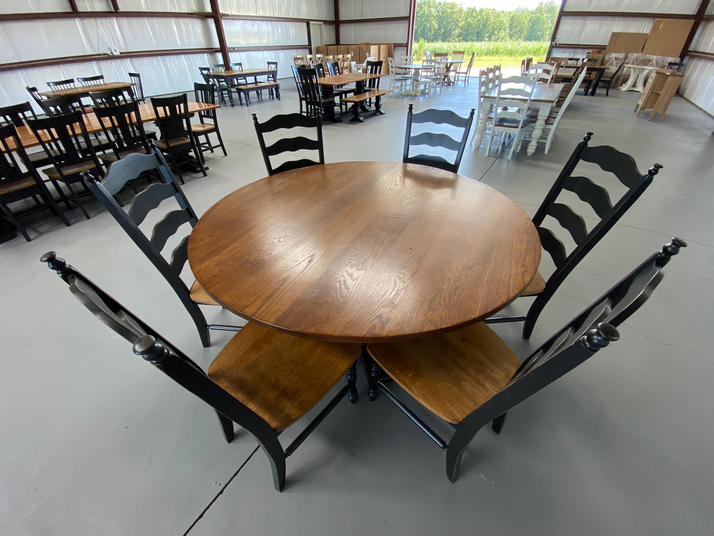 60” Round Square Pedestal Table – 5/4 White Oak Top, Provincial Stained Top, Black Base