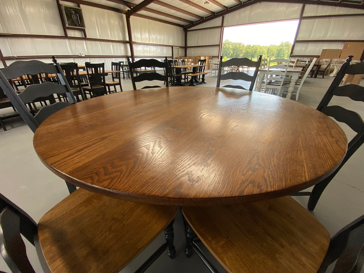60” Round Square Pedestal Table – 5/4 White Oak Top, Provincial Stained Top, Black Base