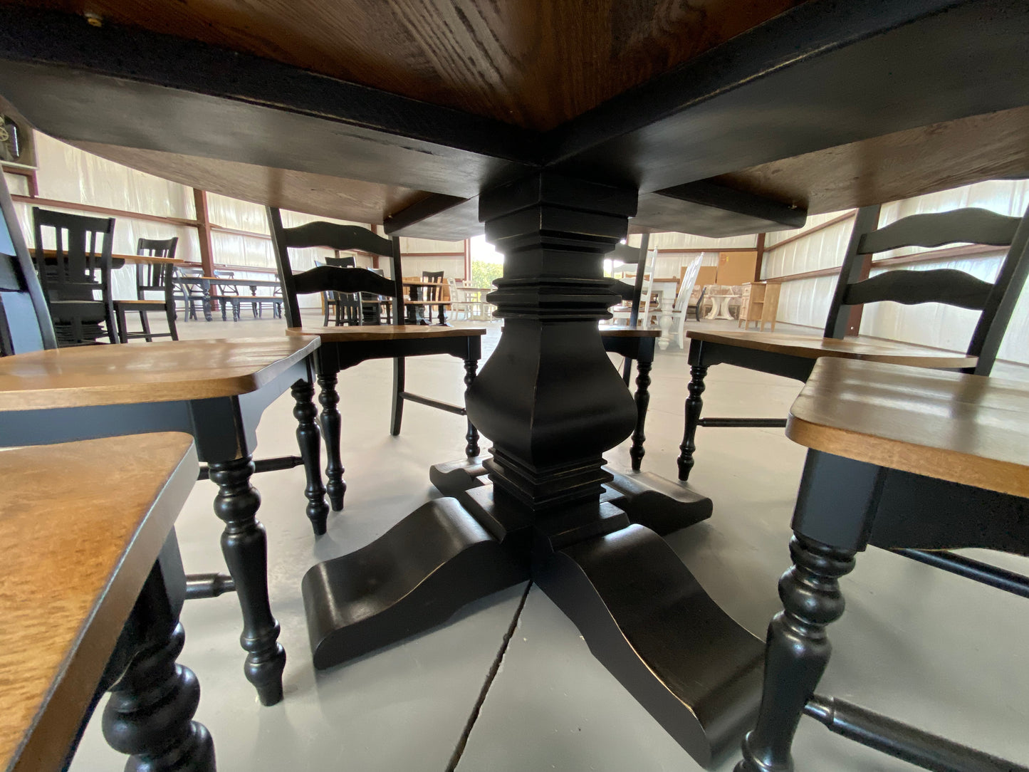 60” Round Square Pedestal Table – 5/4 White Oak Top, Provincial Stained Top, Black Base