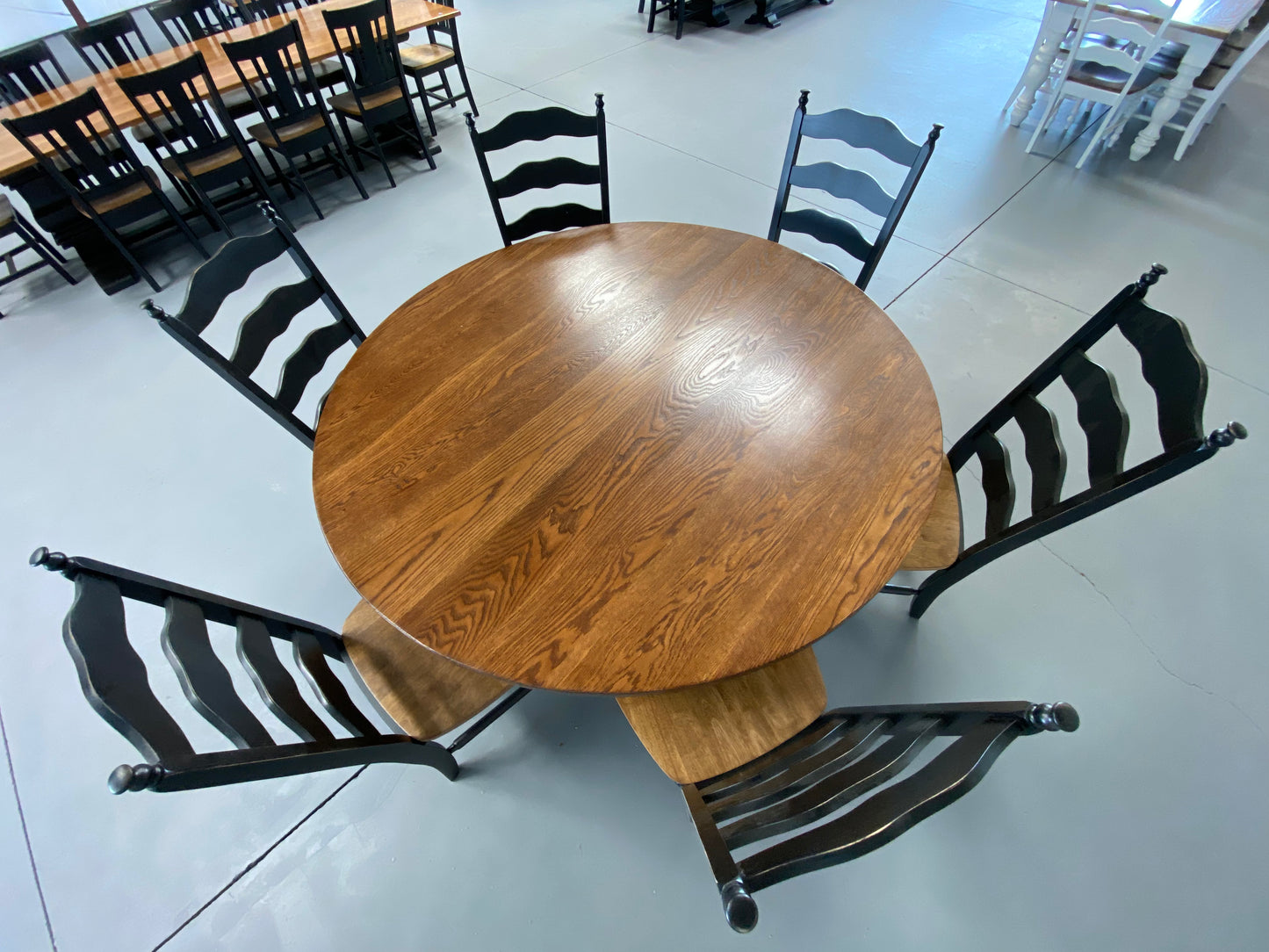 60” Round Square Pedestal Table – 5/4 White Oak Top, Provincial Stained Top, Black Base