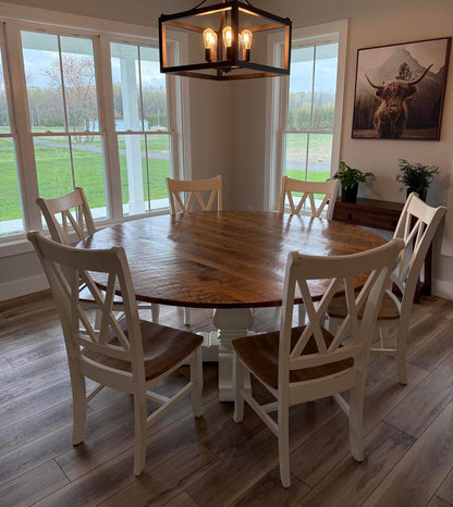 72” Round Reclaimed White Oak Dining Set – Provincial Top and Distressed Off White Pedestal
